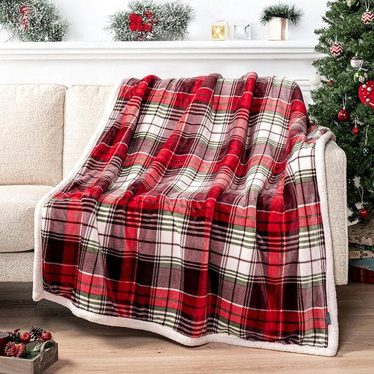 PAVILIA Red Green Christmas Plaid Sherpa Throw Blanket, Holiday Fleece Blanket 50" x 60", Soft Flannel Plush Throw for Couch, Sofa & Bed, Festive Winter Home Decor, Cozy